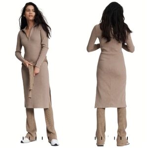 Rag & Bone 'Laila' Mock Neck 1/2 Zip Slim Fit Midi Dress in Camel Heather - Sz M